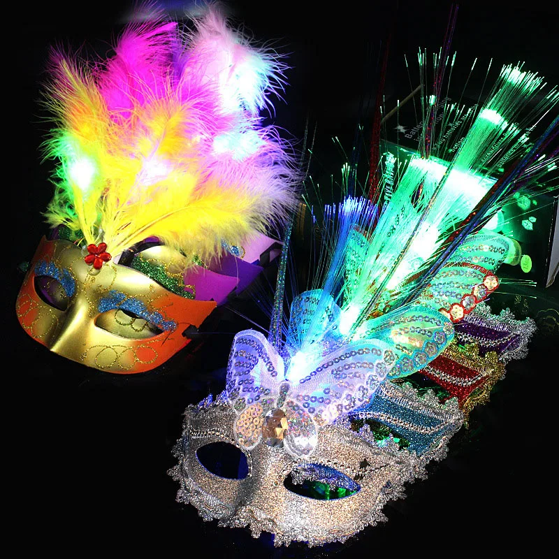 

12pcs Girls Masquerade Party Fiber Mask with LED Feather Decoration Butterfly Venetian for Fancy Dress Easter