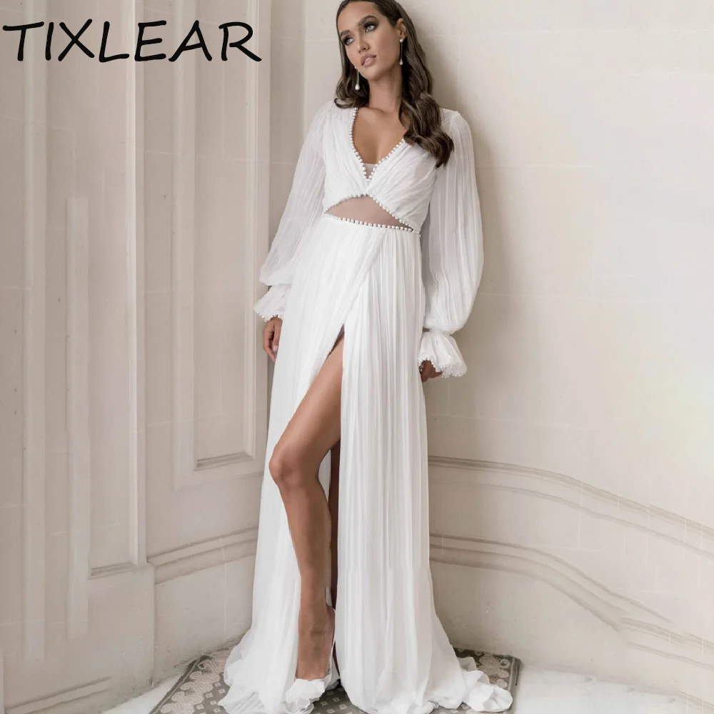 

TIXLEAR A-line Wedding Dresses for Women Simple Sexy Front Slit V-Neck Lace Illusion Chiffon Bridal Gown Vestidos De Novia 2024