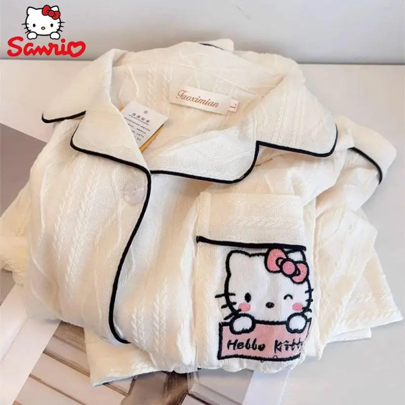 

Kawaii Sanrios Hellokitty Kuromi почтовый женский пижамный комплект демисезонный свободный хлопковый Повседневный Кардиган для девушек домашняя одежда