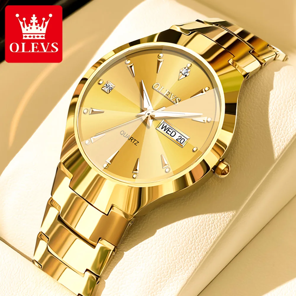 

OLEVS New Fashion Tungsten Steel Gold Quartz Watch for Mens Watches Top Brand Luxury Date Week Luminous Hands Men Wristwatches