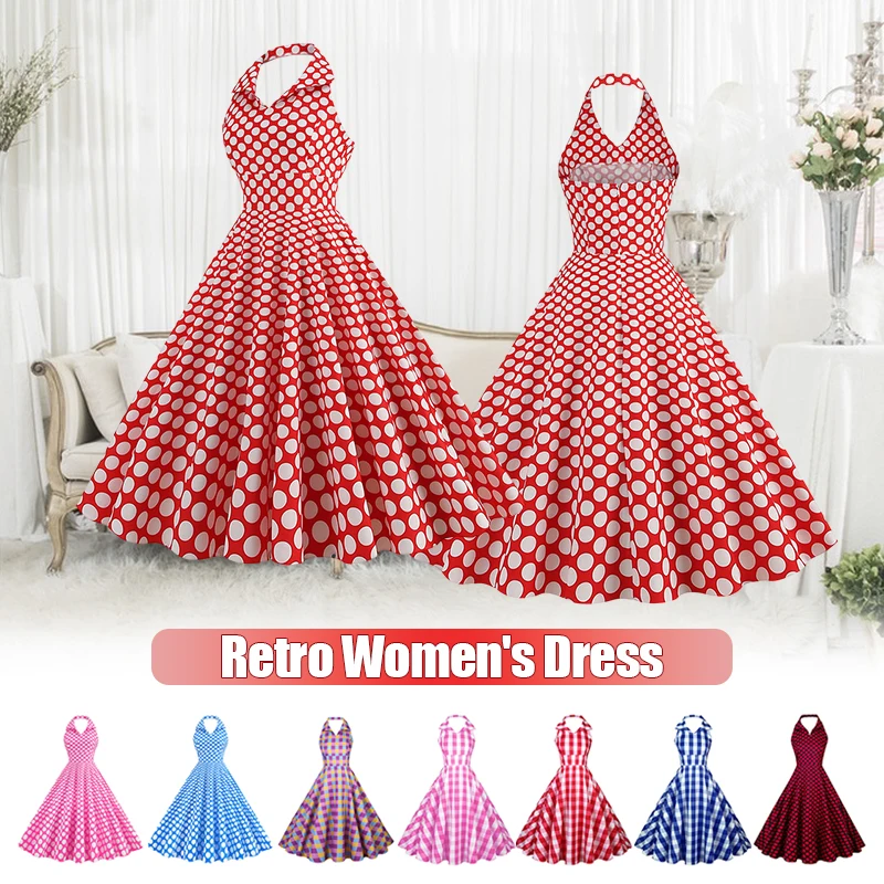 

Polka Dot Dress Women Vintage Swing Halter Belt 50S 60S Gothic Pin Up Rockabilly Prom Party Dresses Retro Feminino Vestidos