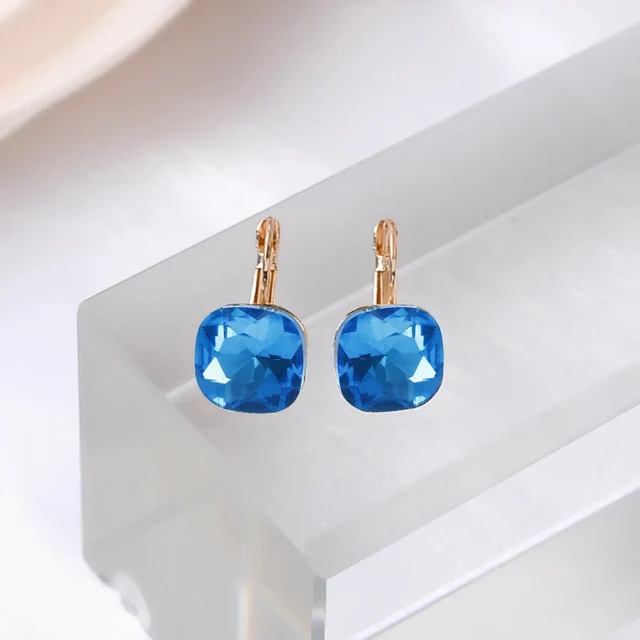 Boucles d'oreilles pendantes carrées en cristal bleu pour femmes, petite déclaration géométrique brillante, mode coréenne, bijoux d'oreille pour filles, cadeau d'anniversaire 1