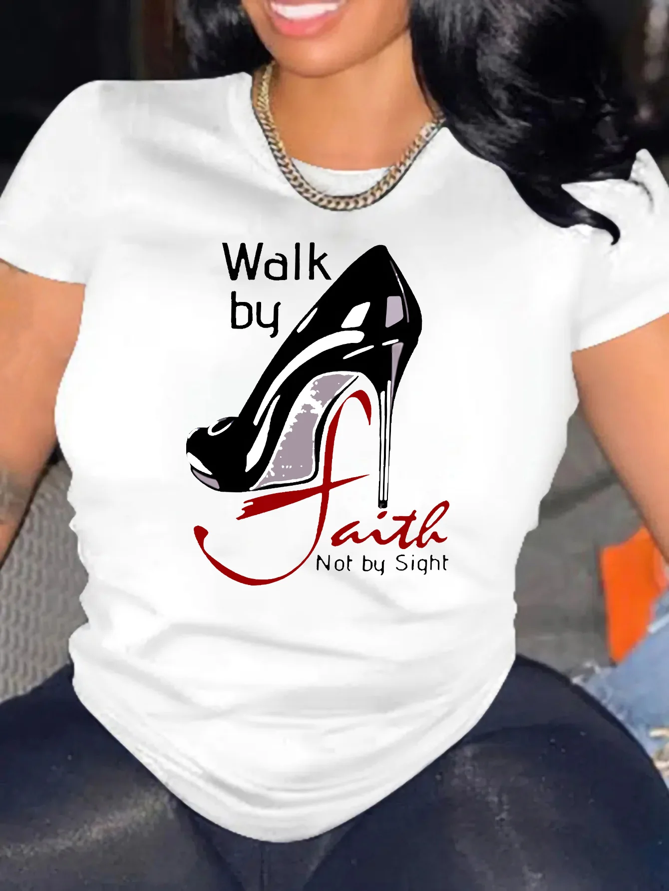Walk By Faith Print Graphic T-Shirt, Solid Short Sleeve Crew Neck Casual Top For All Season, Women's Clothing
Walk By Faith Print Graphic T-Shirt, Solid Short Sleeve Crew Neck Casual Top For All Season, Women's Clothing
