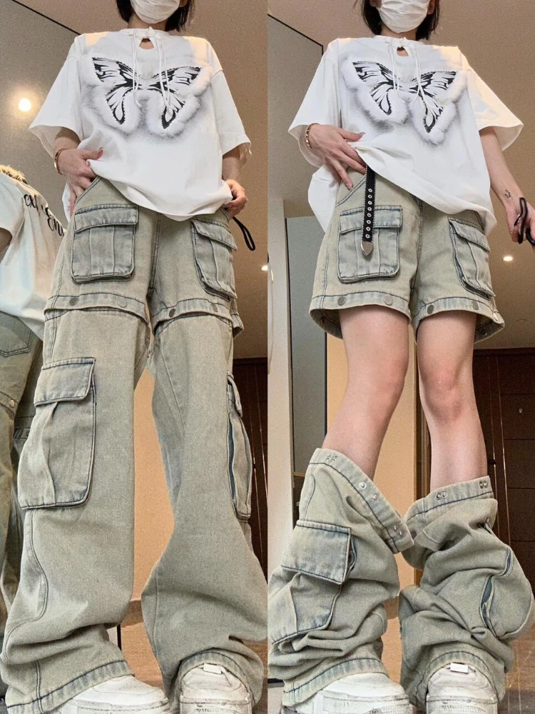 

Harajuku Vintage High Waist Loose Jeans Pockets Patchwork Sexy Pants Women's Y2K Wide Leg Baggy High Street Style Denim Trouser