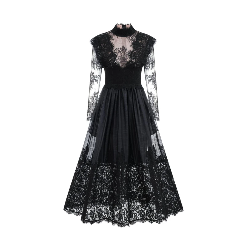 

Doris Fanny Lace Hollow Out Spliced Elegant Dance Evening Dresses for Women Long Sleeve Slim High Waist Party Dress 2024 New