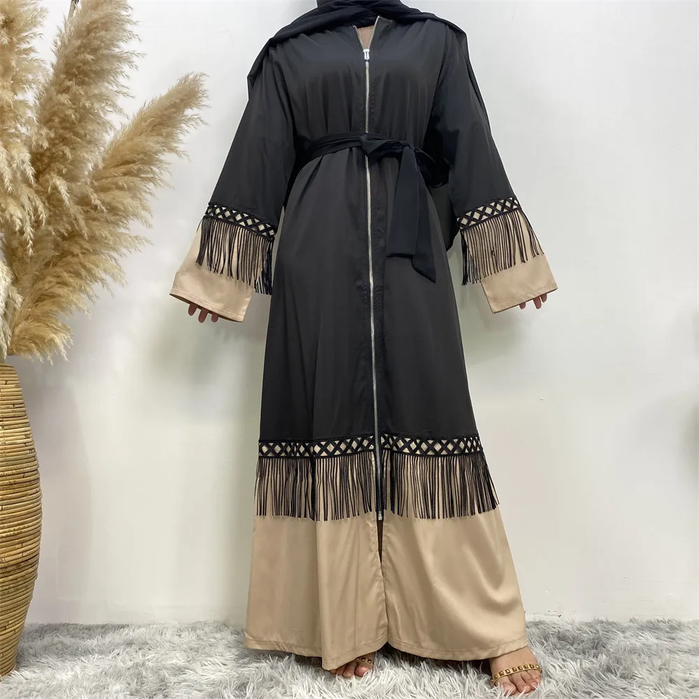 

Eid Tassel Open Abayas Muslim Dubai Turkey Kaftan Kimono Zipper Jalabiya Women Islamic Clothing Belted Caftan Robe Maxi Dress