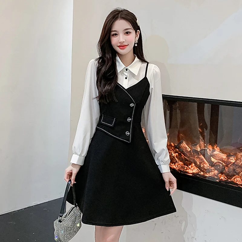 

Spring Summer Fashion Splicing Black Temperament Dress Women Slim Shirt Mujer Dress Street Wear Long Sleeves Mini Dress New 2023