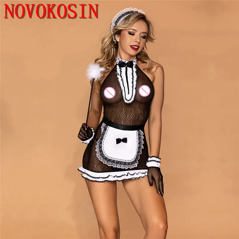 

6 Pieces Women Sexy Halter Maid Servant Cosplay Costume Black White Dot Apron Lace See Through Dress Feather Stick Gloves Set