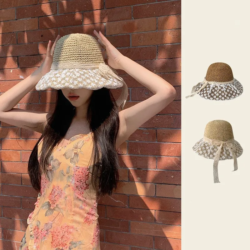 

Korean Version Straw Hat Women's Summer Protection Big Brim Lace Sun Hats Beach Seaside Vacation Foldable Bucket Cap Gorras