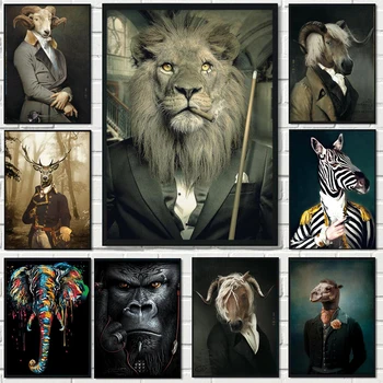 라이온 인 A 슈트 아트 캔버스 프린트 페인팅, 당구 큐, 신사 동물 벽 그림, 거실 홈 장식 포스터 선물 상품 이미지