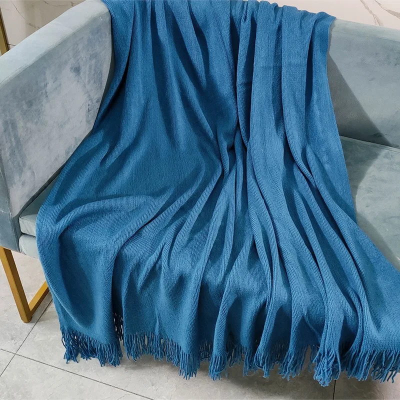 

127*170 Blue Home Plaid Knitted Throw Sofa Blanket Sofa Cover for Travel Airplane Bed All Season Tapestry Tassel Blankets Decor