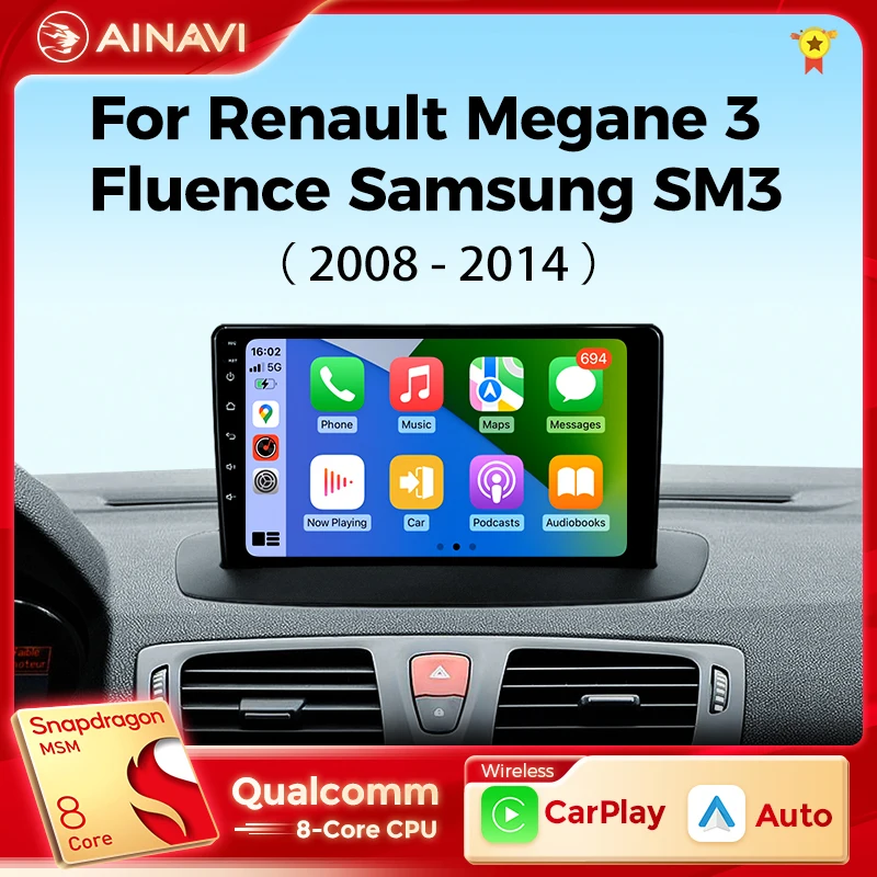 

Ainavi Car Radio Multimedia Play For Renault Megane 3 Fluence Samsung SM3 2008 - 2014 Android 12 Wireless Carplay DSP 48EQ 2 Din