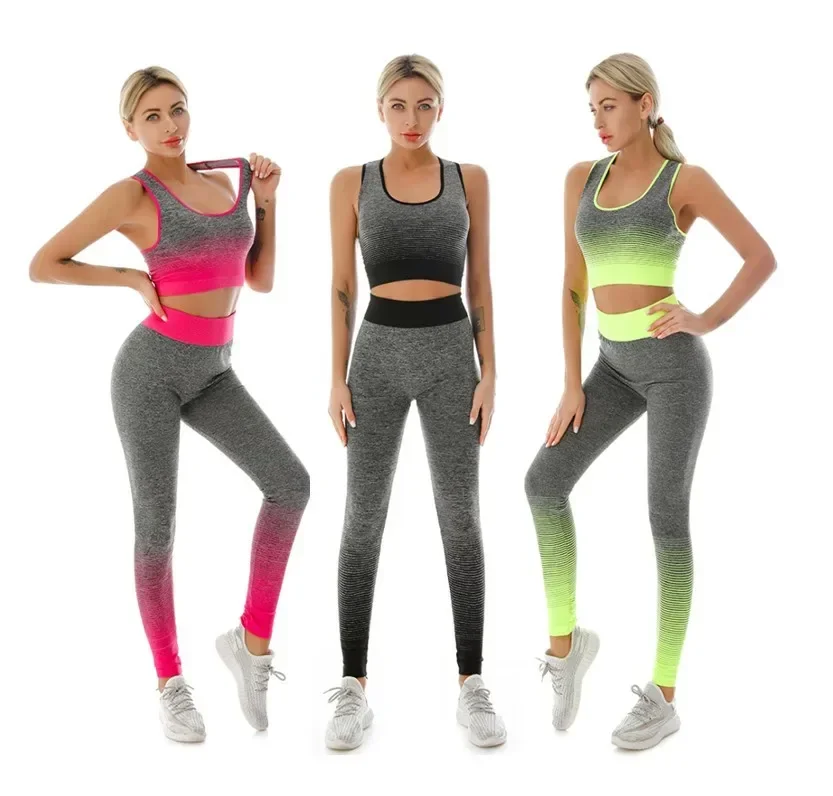 

2 Piece Sets Womens Outfits Yoga Set Elastic Gradual Changing Sports Bra Tights Yoga Suit Set Fitness Workout Sports Leggings