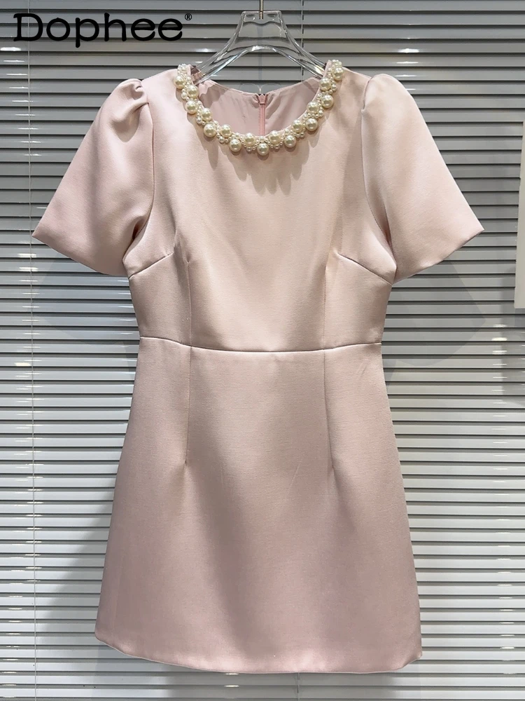 

French Style Puff Sleeve Pearl Collar Edge Solid Color Satin Socialite Dress 2024 Summer New Short Sleeve A- Line Dress Women