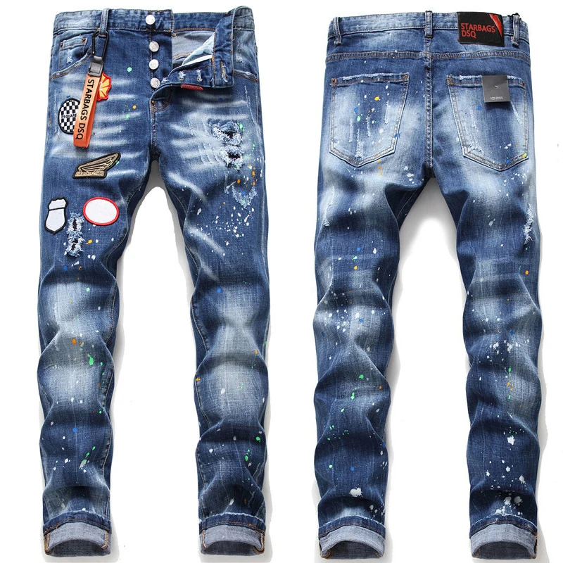 

starbags dsq Men's small straight leg embroidered jeans Ripped Fabric Stretch Paint Splash badge jeans