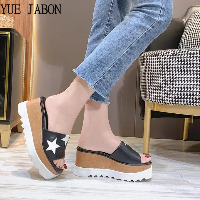 

Thick Sole Wood Sold Slippers Women's Stars Casual Platform Shoes Summer Seaside Vacation Leisure Beach Shoes Height Increasing
