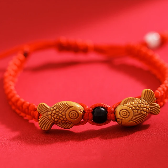 Bracelet Feng Shui à Double Poisson Porte-Bonheur en Bois, Fil Rouge pour Bonne Chance et Richesse, Bijoux Chinois Faits à la Main 1