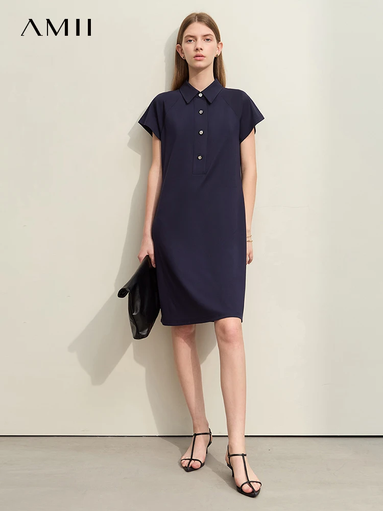 

Amii Minimalism 2024 Summer New Dresses Shirt Collar Insert Shoulder Sleeve Straight Midi Stretch Solid Dress for Women 12422065