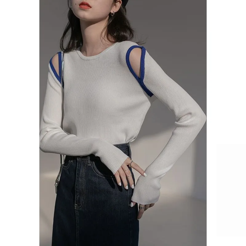 

2024 Spring and Autumn New Women Tops Strapless Hollowed Out Knit Shirt Tops Female Solid Color Long-sleeved Bottoming Shirt