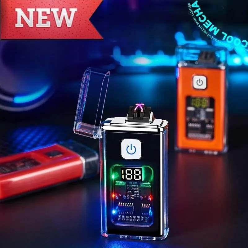 

2023 Transparent Mech Windproof Pulse Ignition Dual Arc Type-C Rechargeable Lighter Touch Sensing Digital Display Power Gadgets