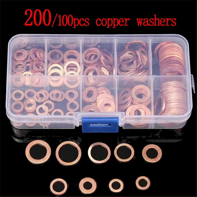 

200/100PCS M4-M14 Copper Washer Gasket Nut and Bolt Set Flat Ring Seal Assortment Kit with Box Fastener Screw Washers Sets