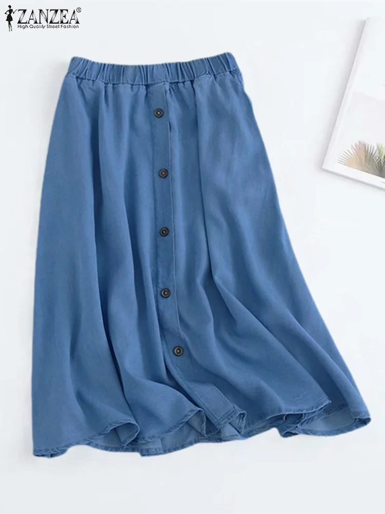 ZANZEA 2023 Summer Holiday Faldas Women Solid Color Decorative Buckle A-line Midi Skirt Elastic High Waist Fashion Denim Skirts
ZANZEA 2023 Summer Holiday Faldas Women Solid Color Decorative Buckle A-line Midi Skirt Elastic High Waist Fashion Denim Skirts