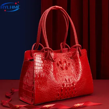 Luxury Genuine Leather Women's Handbags Red Crocodile Pattern Lady Tote Bag Fashion Travel Portable Shoulder Underarm Bags