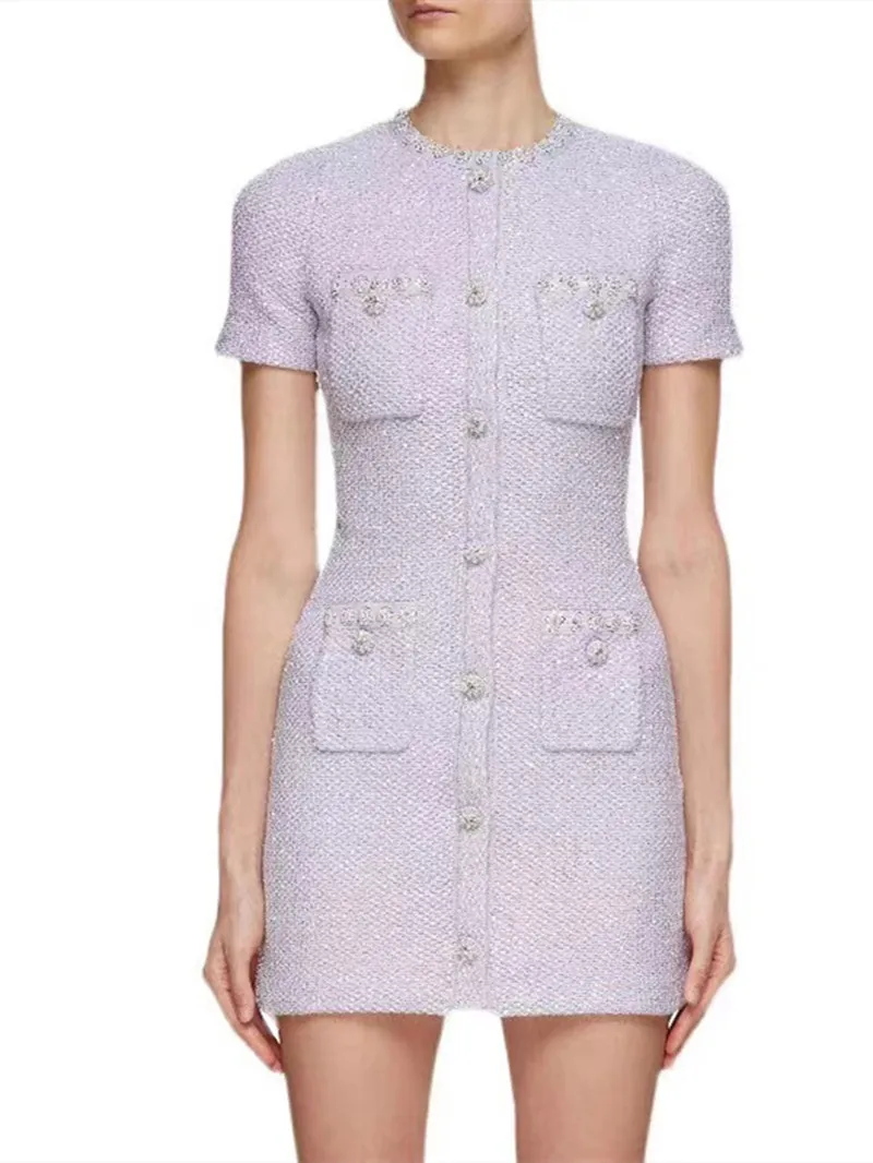 2024 Summer Women Knit Mini Dress Sequin Pearl Rhinestone Decoration Slim Short Sleeve Female O-neck Mini Dress with Pockets
2024 Summer Women Knit Mini Dress Sequin Pearl Rhinestone Decoration Slim Short Sleeve Female O-neck Mini Dress with Pockets