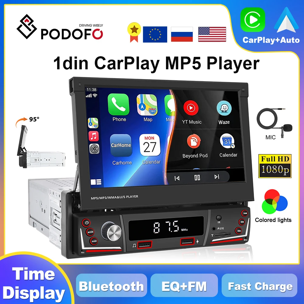 

Podofo 1din CarPlay Android Auto Car Radio 7" Universally MP5 Multimedia Player 1 DIN Head Unit EQ Bluetooth FM AM Autoradio
