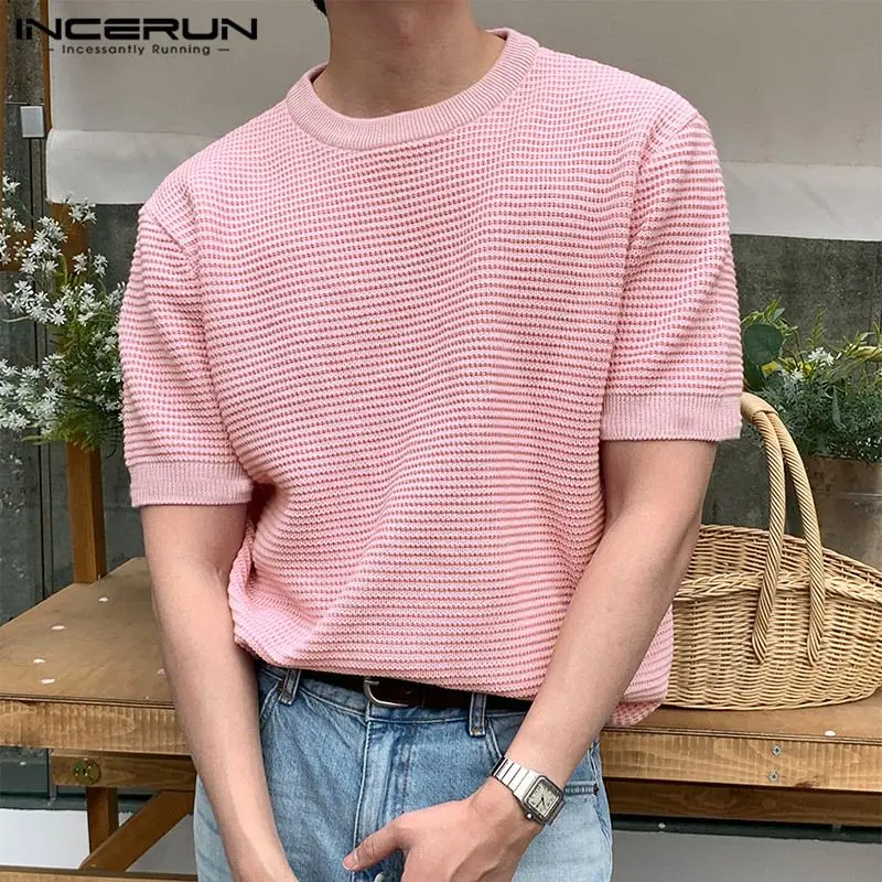 

Handsome Well Fitting Tops INCERUN Men Knitted Design T-shirts Casual Streetwear Solid Well Fitting Short Sleeved Camiseta S-5XL