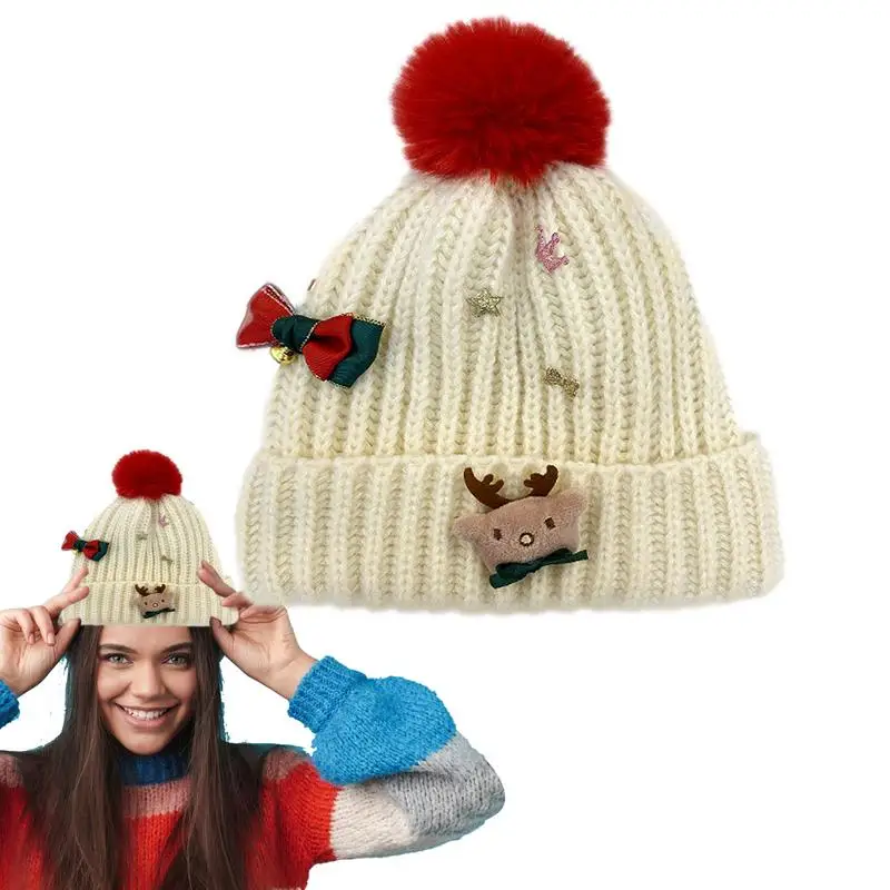 

Winter Hats For Women 2023 Christmas Beanie Cute Pom Poms Animal Picture Small Bow 2-Layer Knit Cuffs Skiing Beanies For Winter