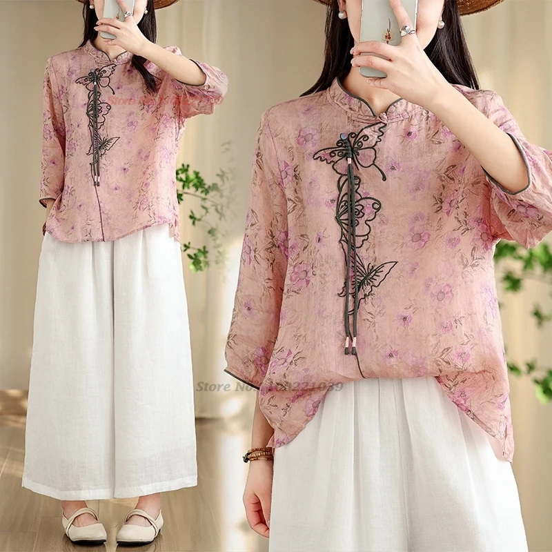 

2024 traditional chinese vintage blouse national flower print embroidery ethnic hanfu tops oriental improved qipao ethnic blouse