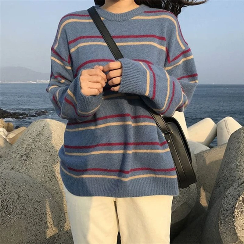 Striped Vintage Knitted Sweater Women Korean Loose Soft Pullover Autumn Preppy Harajuku Sweet O Neck Student Daily Outwear Tops
Striped Vintage Knitted Sweater Women Korean Loose Soft Pullover Autumn Preppy Harajuku Sweet O Neck Student Daily Outwear Tops