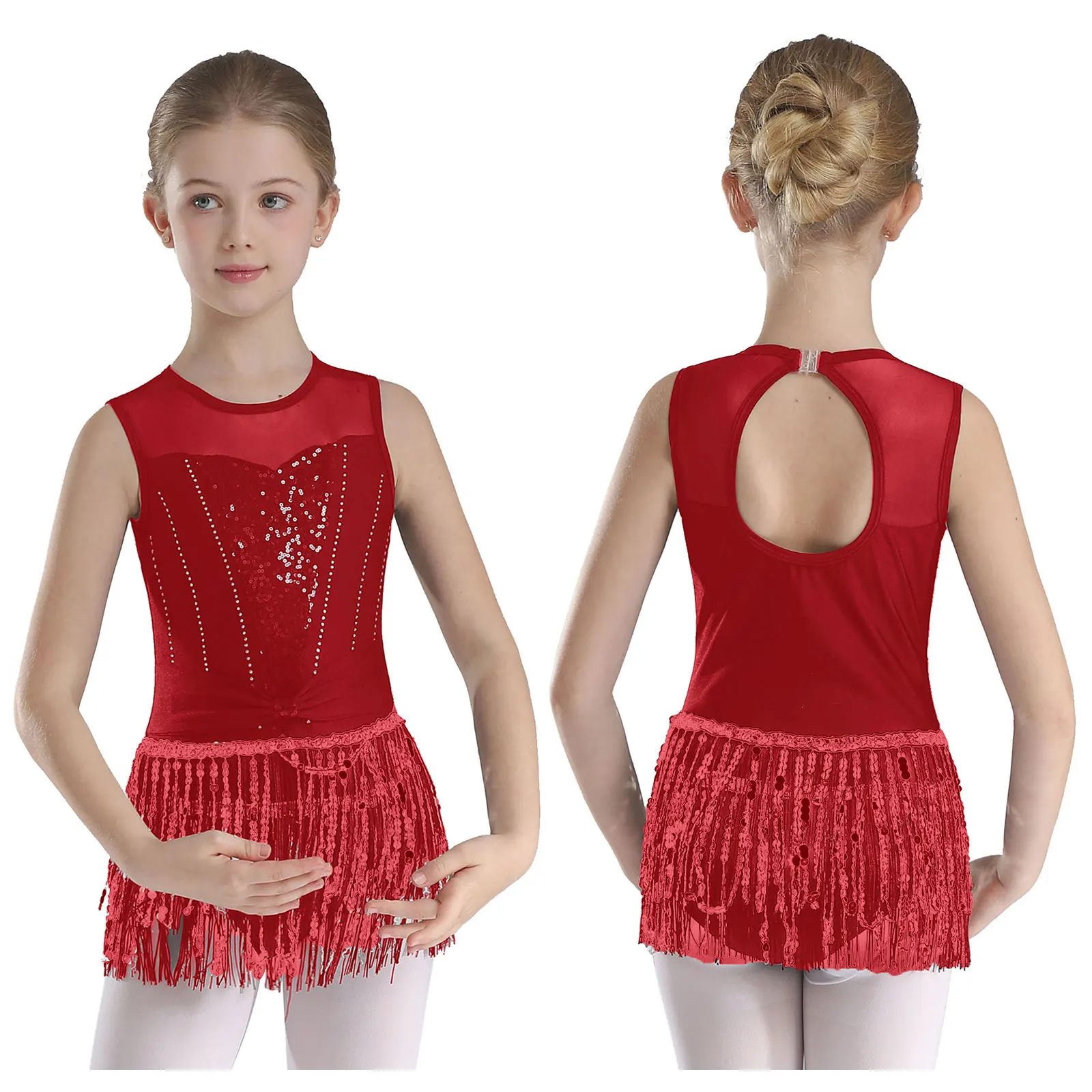 

Kids Girls Figure Skating Latin Dance Leotard Dress Tango Cha-Cha Samba Dancewear Sleeveless Shiny Rhinestone Tassel Bodysuit