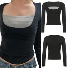 Women Patchwork Tops, Long Sleeve Ribbed Low Cut Square Neck Fake Two Piece Tops for Autumn Fall, Women Clothing
Women Patchwork Tops, Long Sleeve Ribbed Low Cut Square Neck Fake Two Piece Tops for Autumn Fall, Women Clothing