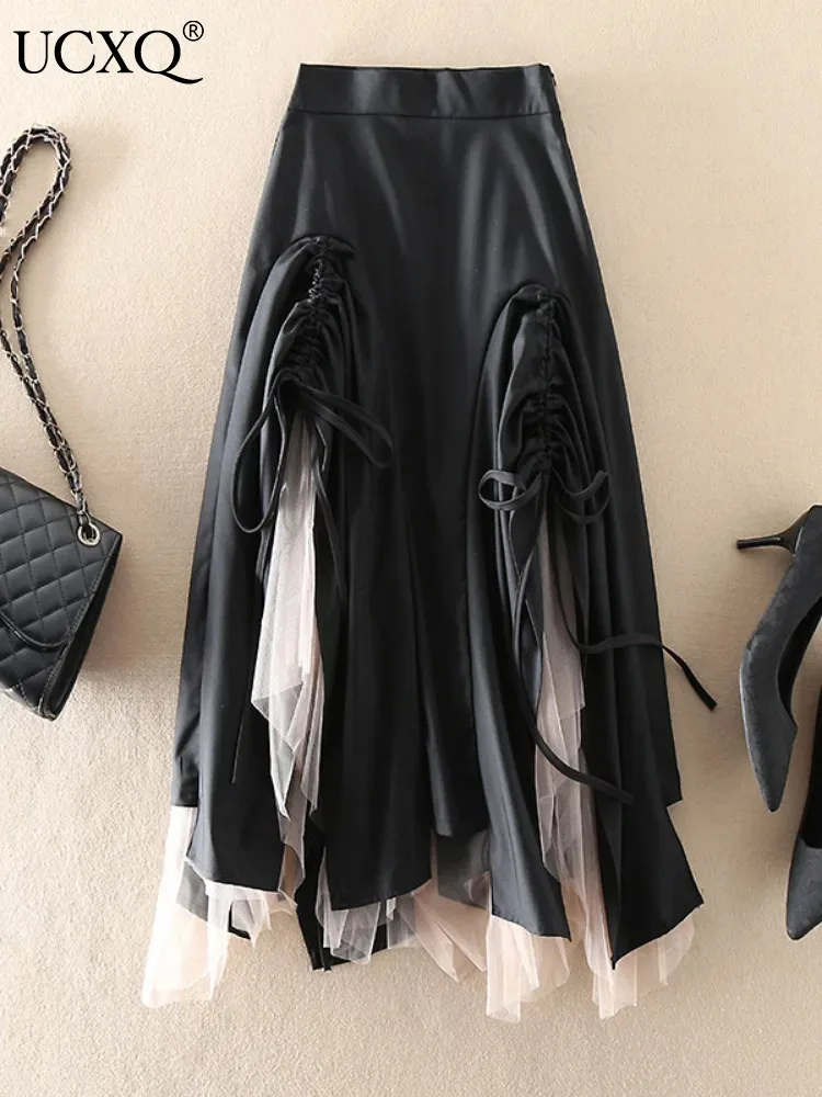 

UCXQ Elegant Patchwork Black Lace Drawstring Skirt Women's Clothing Irregular Folds High Waist Skirts 2024 Spring Autumn 2Q11360