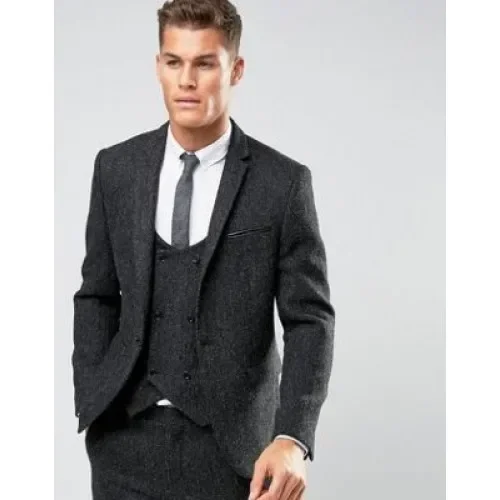 

Smoking Grey Tweed Double Breasted Men Suit Formal Jacket Slim Fit 3 Piece Tuxedo Custom Groom Prom Blazer Sets Terno Masculino