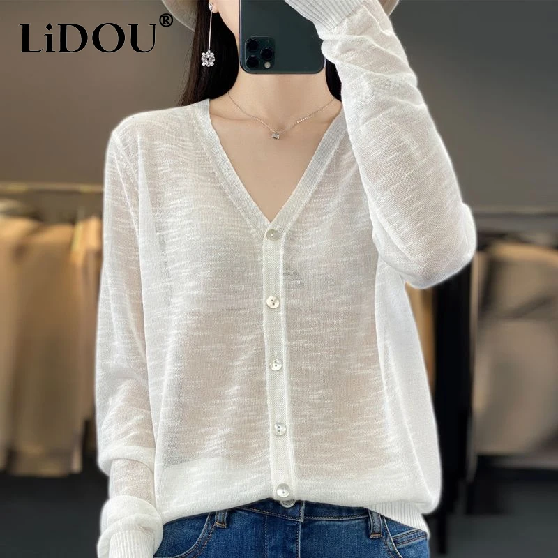 2023 Spring Summer New Thin Style Loose Casual Knitting T-Shirts Women Fiberflax Round Neck Long Sleeve Single Breasted Cardigan
2023 Spring Summer New Thin Style Loose Casual Knitting T-Shirts Women Fiberflax Round Neck Long Sleeve Single Breasted Cardigan