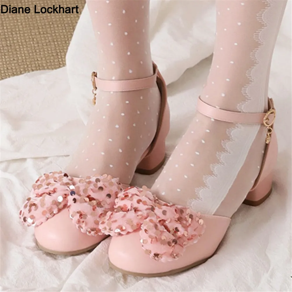 

2024 Spring Women High Heels Mary Jane Pumps Party Wedding White Pink Beige String Bow Princess Cosplay Summer Lolita Shoes