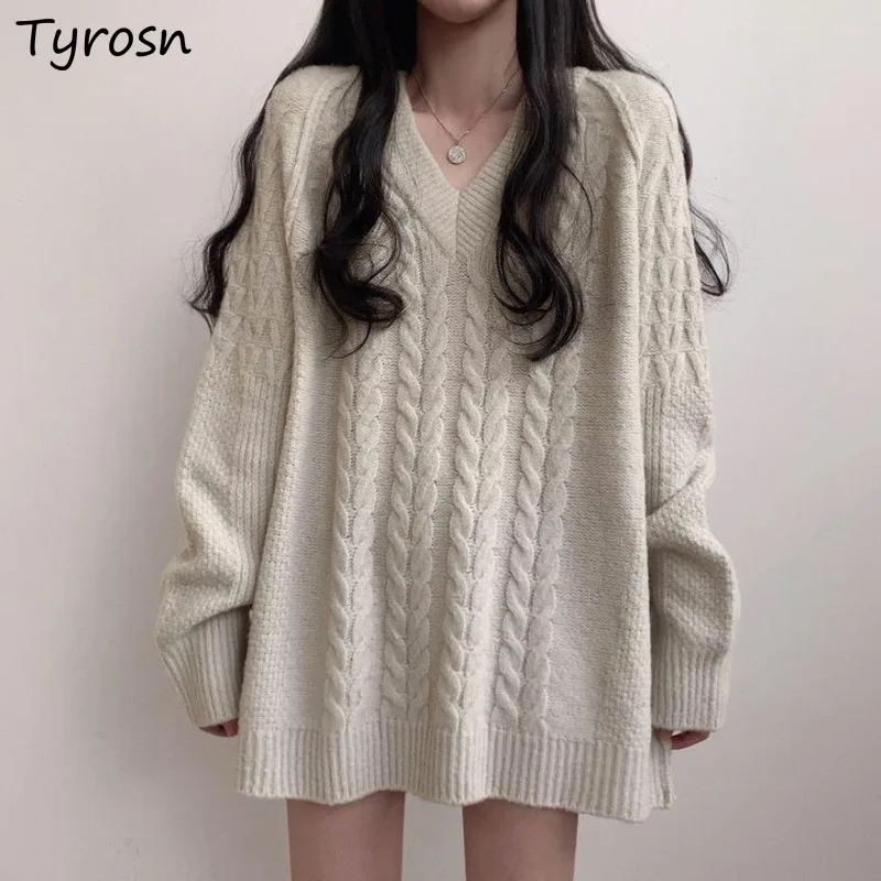 

Pullovers Women Ulzzang Chic Vintage Knitting Casual V-neck Autumn Students Streetwear Tender Loose Simple Warm Daily All-match