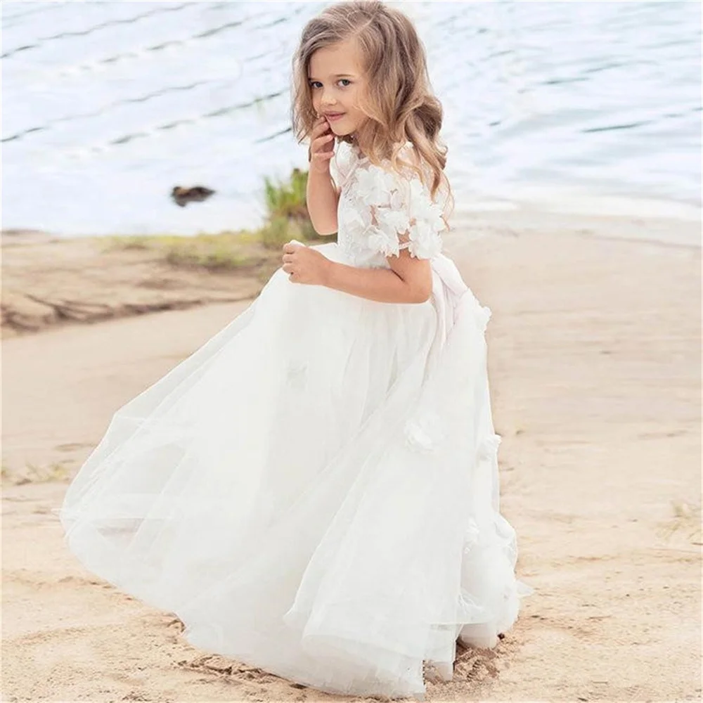 

Белое Кружевное Тюлевое платье с цветочной аппликацией для девочек, свадебное элегантное цветочное детское платье для первого причастия, празднования дня рождения