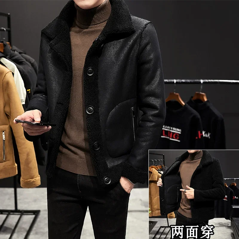 

Fashion Casual Thicken Male Can Be Worn On Both Sides Jacket M-8XL 2024 Winter New Lamb Wool Coat Lapel Loose Warm Men Outerwear