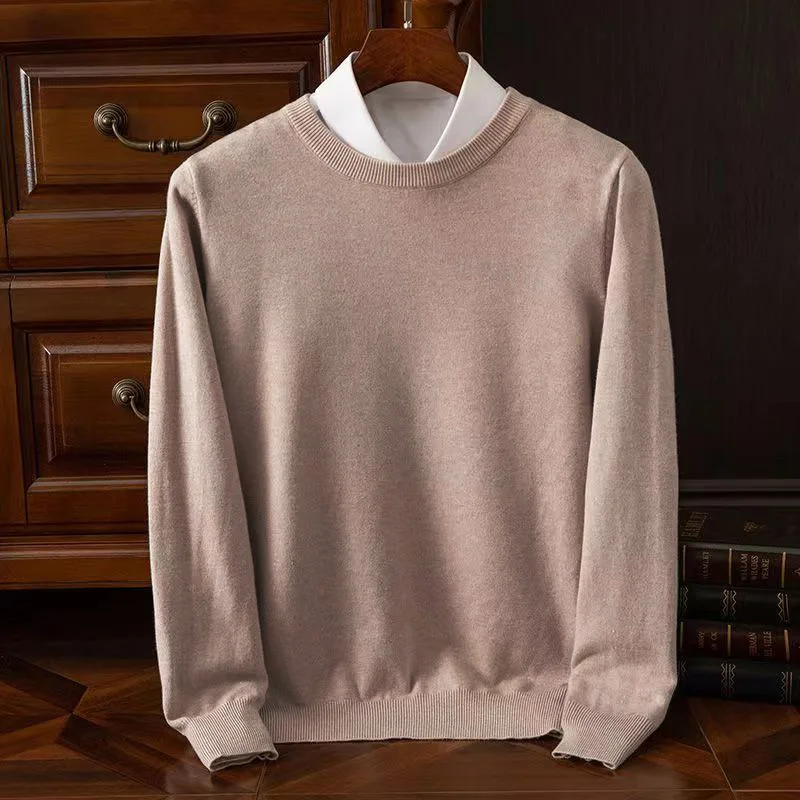 

6XL Big Size Merino Thick Wool Shirt Mens Knitted O-neck Breathable Cashmer Long Sleeve Tee Solid Color Tops Superfine knitwear