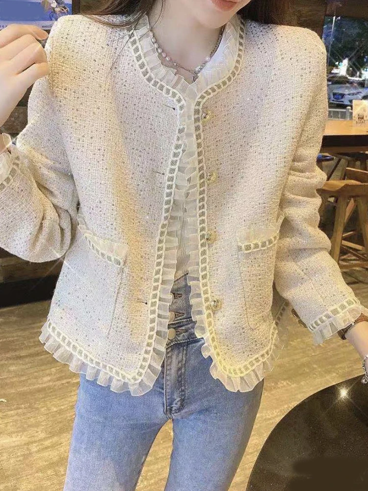 Fashion Lace Patchwork Women Tweed Jacket Casual Korean Sing Breasted Casual Coat Female Sweet Long Sleeve Elegant Slim Top
Fashion Lace Patchwork Women Tweed Jacket Casual Korean Sing Breasted Casual Coat Female Sweet Long Sleeve Elegant Slim Top