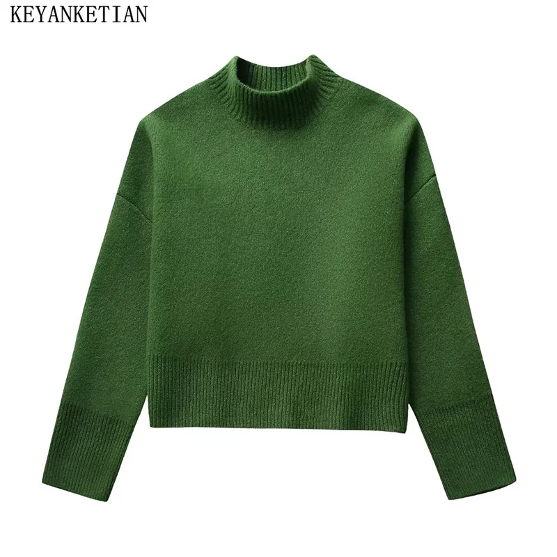

KEYANKETIAN 2024 New Launch Women's Mock Neck Green Short Sweater Spring Fashion Simply Loose Thick Knitted Top Pullover Female
