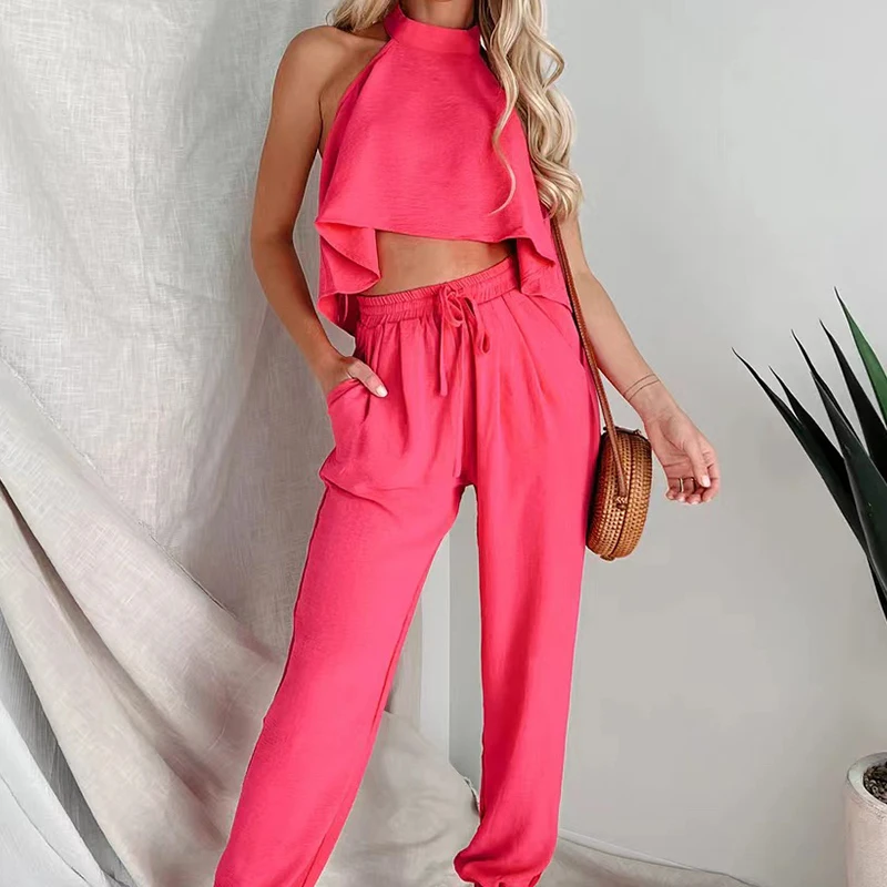

Women Summer Off Shoulder Group Of Pants Two Piece Outfit 2024 Solid Suit Fashion Halter Backless Top&Drawstring Long Pants Sets