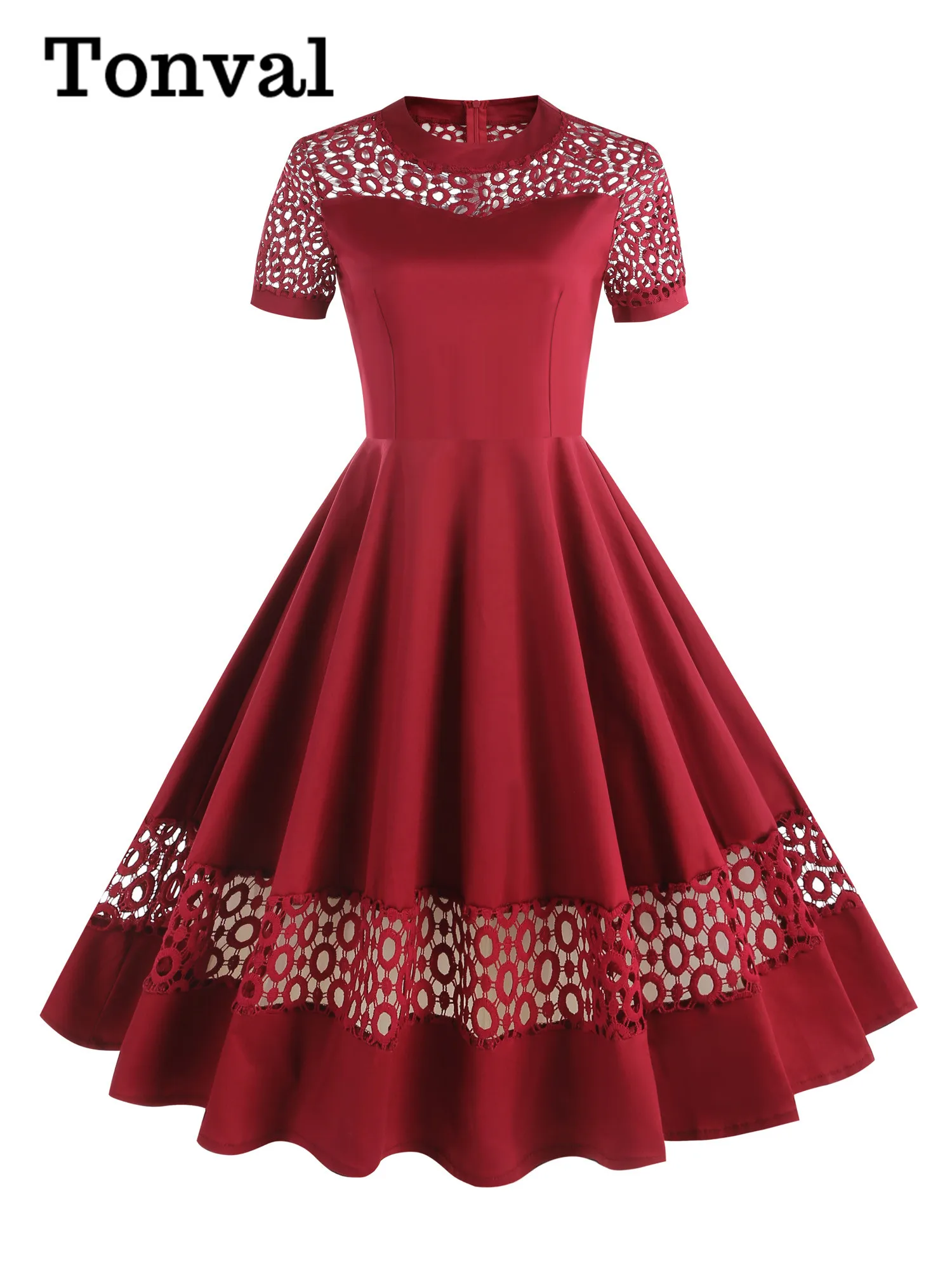 

Женское винтажное кружевное платье Tonval, платье из хлопка в стиле пэчворк с круглым вырезом и коротким рукавом, бордовое красное вечернее платье для выпускного вечера