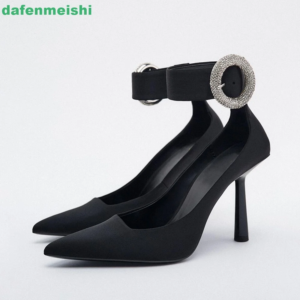 

2024 Spring New Women's Shoes Black Satin Round Crystal Buckle Ankle Strap Stiletto Heels Pumps Pointed Toe Shallow Sandals