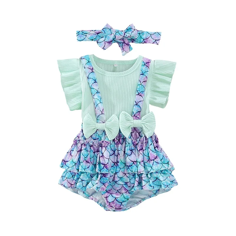 

Toddler Girl Summer Outfits Solid Color Rib Fly Sleeve T-Shirts Fish Scale Print Suspender Shorts Headband 3Pcs Clothes Set