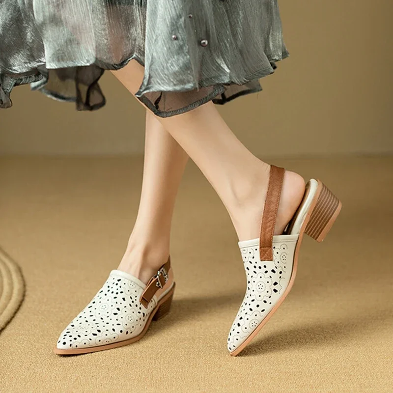 NEW Summer Women Sandals Genuine Leather Shoes for Women Pointed Toe Chunky Heel Shoes Cover Toe Slingback Hollow Beige Sandals
NEW Summer Women Sandals Genuine Leather Shoes for Women Pointed Toe Chunky Heel Shoes Cover Toe Slingback Hollow Beige Sandals
